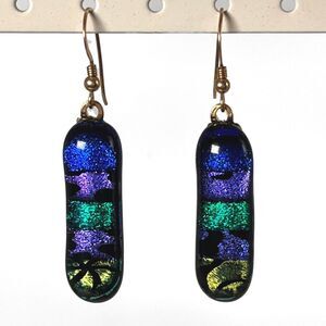 Handmade Fused Glass Dangle Earrings Purple Blue Green Foil Drop Oval Artisan